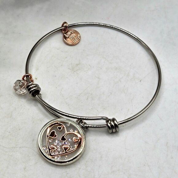 "5/$25" Footnotes Rose Gold Copper Heart Glass Circle Charm Bangle Bracelet - Picture 1 of 9